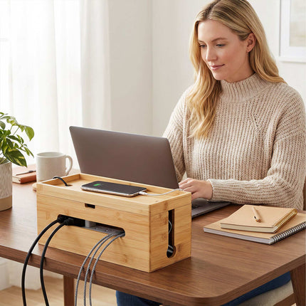 Bamboo Cable Management Box for 6-Socket Power Strip