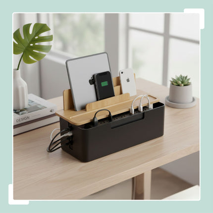 Bambus-Kabelorganizer-Box mit Telefon- und Tablet-Halterungen
