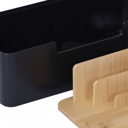 Bambus-Kabelorganizer-Box mit Telefon- und Tablet-Halterungen