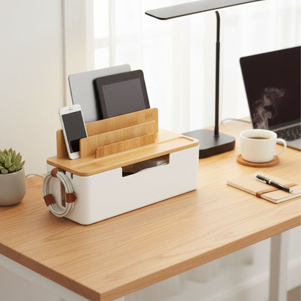 Bambus-Kabelorganizer-Box mit Telefon- und Tablet-Haltern