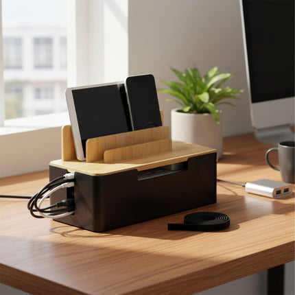 Bambus-Kabelorganizer-Box mit Telefon- und Tablet-Halterungen