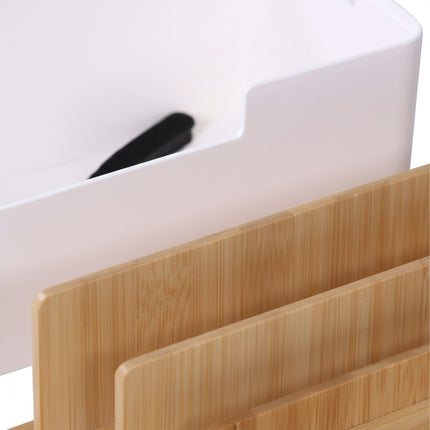 Bambus-Kabelorganizer-Box mit Telefon- und Tablet-Haltern
