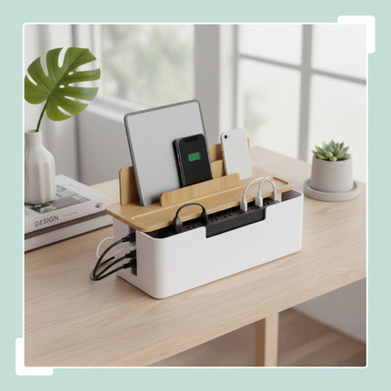 Bambus-Kabelorganizer-Box mit Telefon- und Tablet-Haltern