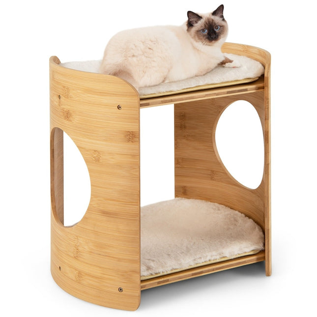 Bambus-Katzenbett mit abnehmbaren Plüschmatten, 2 Ebenen