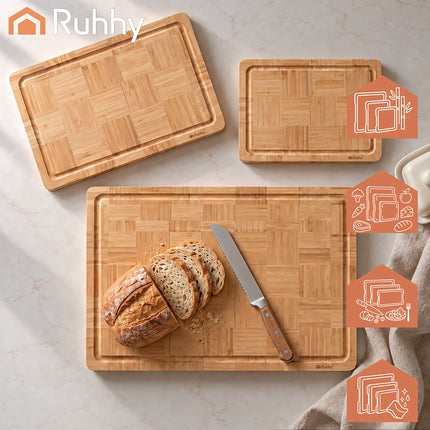 Bamboo Chopping Board Set of 3 with Juice Grooves and Stand, 1.75 cm Thick