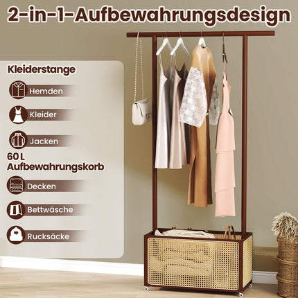 Bambus-Kleiderständer mit Rattan-Korb & Rollen, Braun
