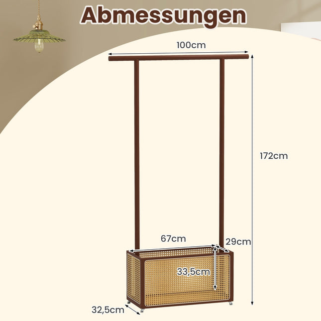 Bambus-Kleiderständer mit Rattan-Korb & Rollen, Braun