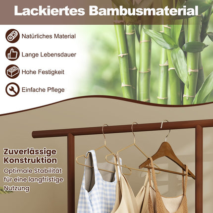 Bambus-Kleiderständer mit Rattan-Korb & Rollen, Braun