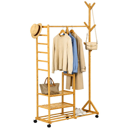 Bamboo Clothes Rack with Shelves and Castors, Natural