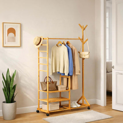Bamboo Clothes Rack with Shelves and Castors, Natural
