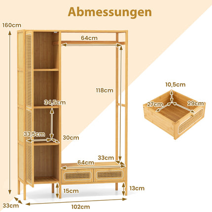 Bamboo Clothes Rack with Shelves and Drawers, Natural Finish