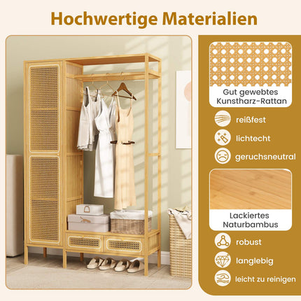 Bamboo Clothes Rack with Shelves and Drawers, Natural Finish