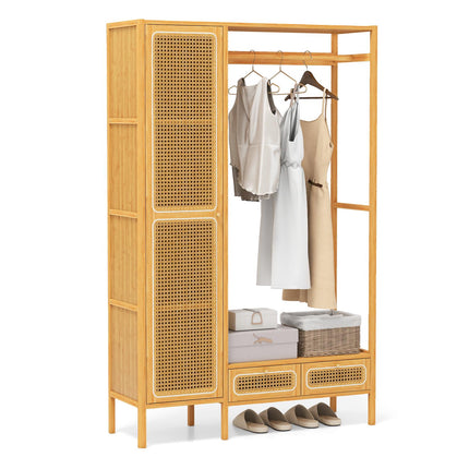 Bamboo Clothes Rack with Shelves and Drawers, Natural Finish