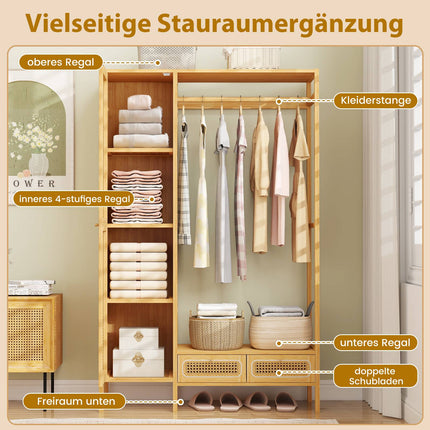 Bamboo Clothes Rack with Shelves and Drawers, Natural Finish