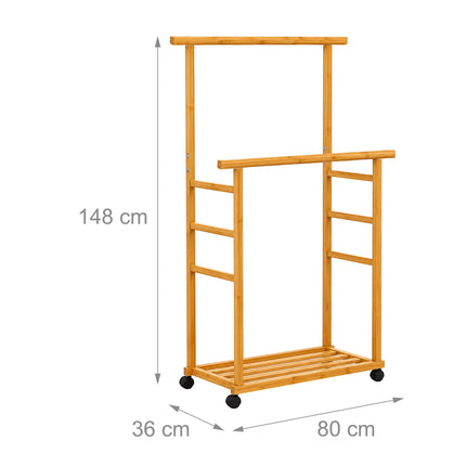 Bamboo Clothes Rack with Wheels, 2 Rails, Natural Finish