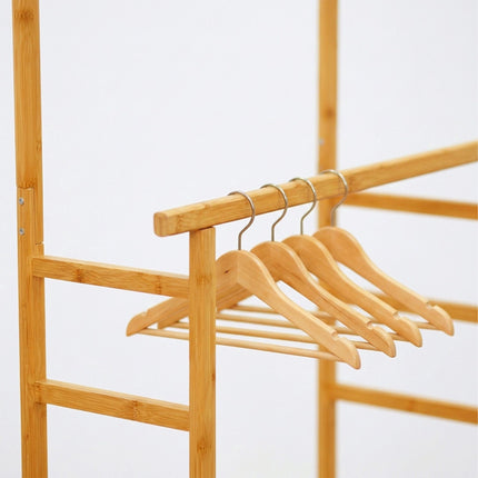 Bamboo Clothes Rack with Wheels, 2 Rails, Natural Finish