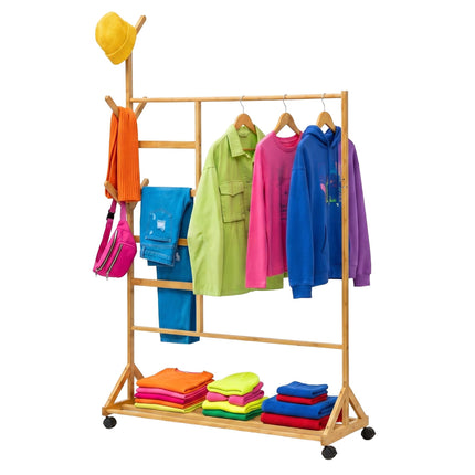 Bamboo Clothes Trolley with Hooks and Wheels