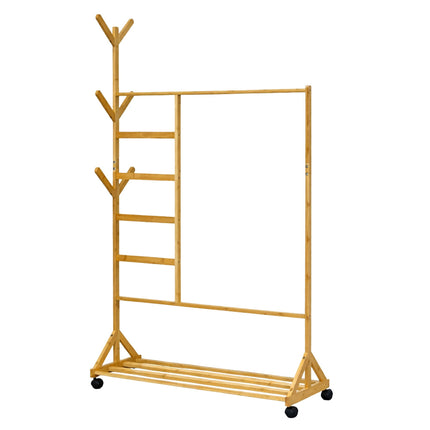Bamboo Clothes Trolley with Hooks and Wheels
