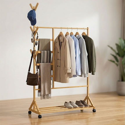 Bamboo Clothes Trolley with Hooks and Wheels