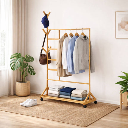 Bamboo Clothes Trolley with Hooks and Wheels