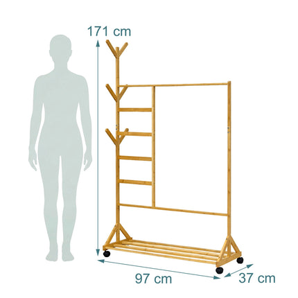 Bamboo Clothes Trolley with Hooks and Wheels