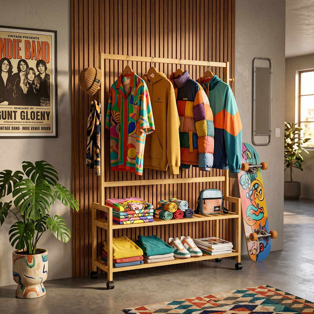 Bamboo Clothes Trolley with Shelves and Hooks