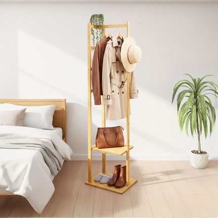 Bambus-Garderobe mit 2 Ablagen und 3 Haken