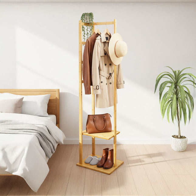 Bamboo Coat Rack with 2 Shelves and 3 Hooks