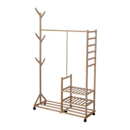 Bamboo Coat Rack with Shelves, Hooks, and Wheels