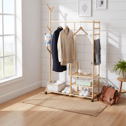 Bamboo Coat Rack with Shelves, Hooks, and Wheels