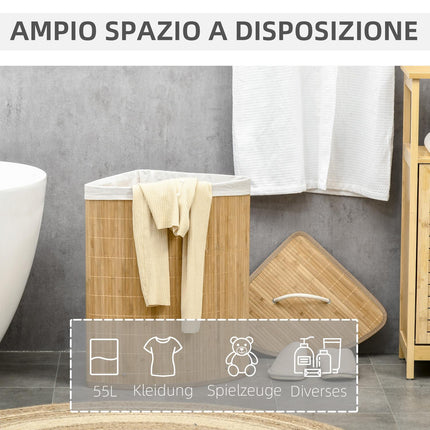 Wäschekorb Eckig aus Bambus mit Deckel & herausnehmbarem Wäschesack 55L