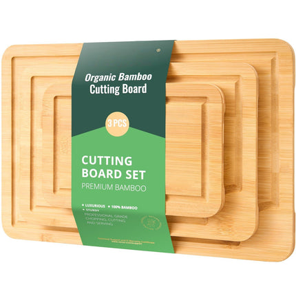 Bamboo Cutting Board Set, 3-Piece, Juice Groove Handles