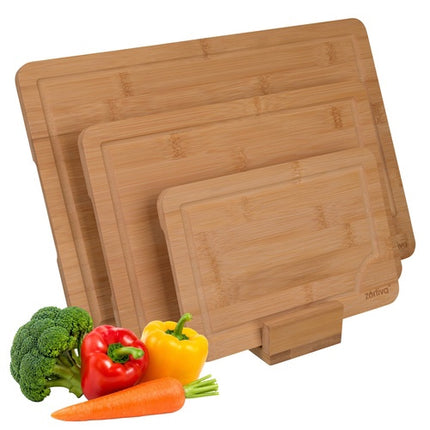 Bamboo Cutting Board Set with Stand – 3 Sizes, Drainage Grooves
