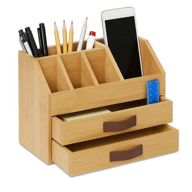 Bambus Schreibtisch-Organizer – 2 Schubladen, 5 Fächer