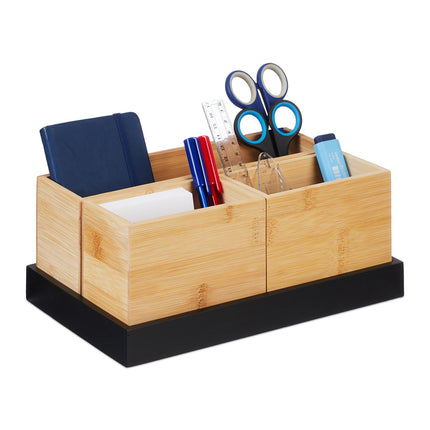 Bambus-Schreibtisch-Organizer-Set, 4-teilig, Natur/Schwarz