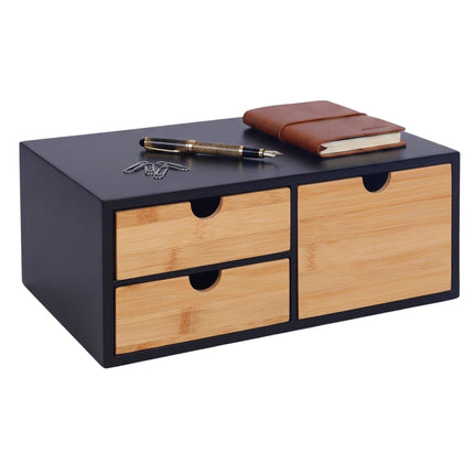 Bamboo Desk Organiser with 2 Small and 1 Large Drawer, 13.5 x 33 x 21 cm, Black