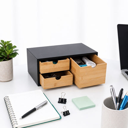 Bamboo Desk Organiser with 2 Small and 1 Large Drawer, 13.5 x 33 x 21 cm, Black