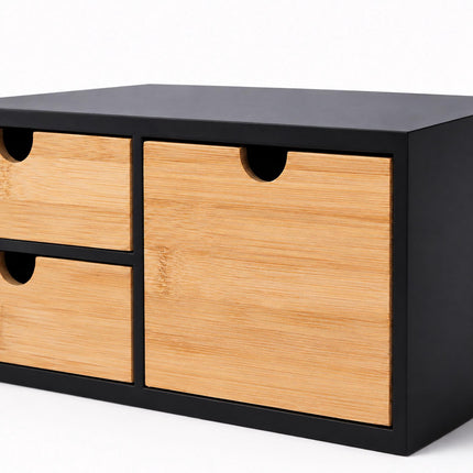 Bamboo Desk Organiser with 2 Small and 1 Large Drawer, 13.5 x 33 x 21 cm, Black