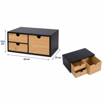 Bamboo Desk Organiser with 2 Small and 1 Large Drawer, 13.5 x 33 x 21 cm, Black