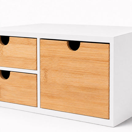 Bamboo Desk Organiser with 2 Small and 1 Large Drawer, 13.5 x 33 x 21 cm, White