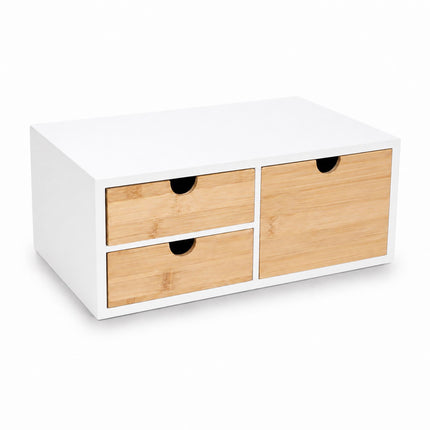 Bamboo Desk Organiser with 2 Small and 1 Large Drawer, 13.5 x 33 x 21 cm, White
