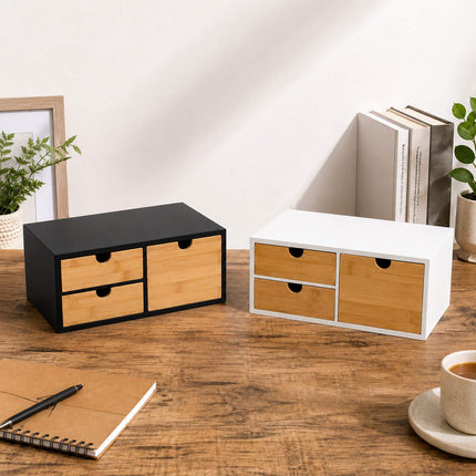 Bamboo Desk Organiser with 2 Small and 1 Large Drawer, 13.5 x 33 x 21 cm, White
