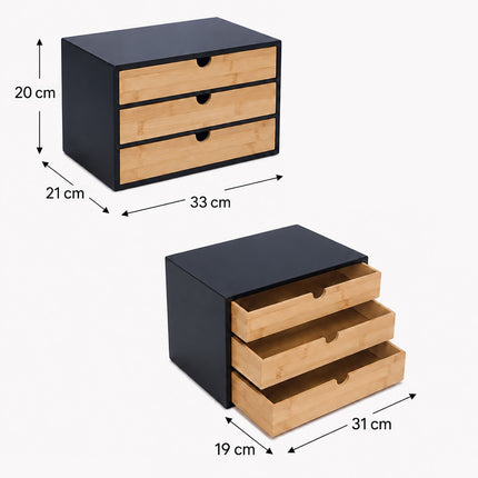Bamboo Desk Organiser with 3 Drawers, 20 x 33 x 21 cm, Black