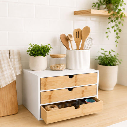 Bamboo Desk Organiser with 3 Drawers, 20 x 33 x 21 cm, Black