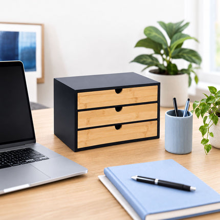 Bamboo Desk Organiser with 3 Drawers, 20 x 33 x 21 cm, Black