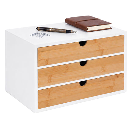 Bamboo Desk Organiser with 3 Drawers, 20 x 33 x 21 cm, White