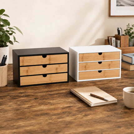 Bamboo Desk Organiser with 3 Drawers, 20 x 33 x 21 cm, White
