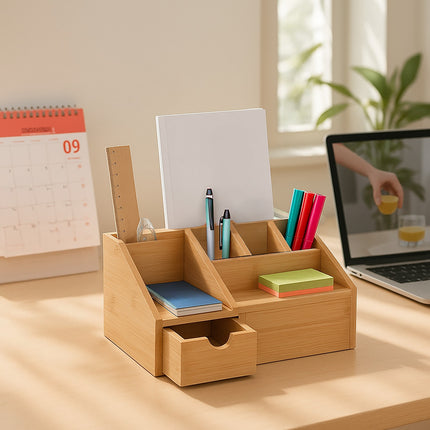 Bambus-Schreibtisch-Organizer mit Schublade, 6 Fächer