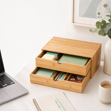 Bamboo Drawer Box Desk Organiser with 2 Drawers, 13.5 x 33 x 21 cm, Natural