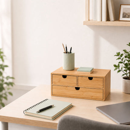 Bamboo Drawer Box Desk Organiser with 3 Drawers, 13.5 x 33 x 21 cm, Natural